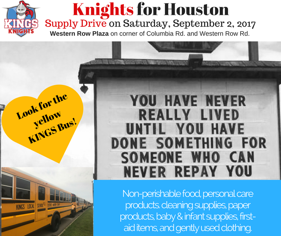 Kings hosting Supply Drive for Houston on 9/2 from 10-5 at Western Row Plaza.